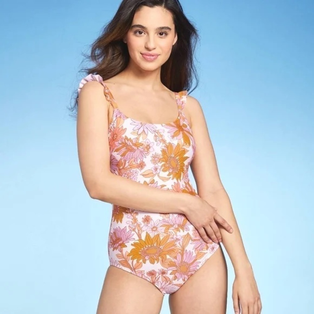 Kona Sol One Piece Swimsuit Orange Purple Floral Ruffle Strap Tie Back